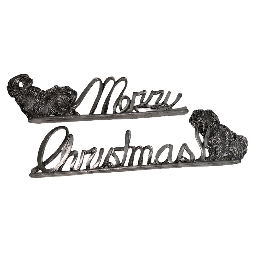 Pewter Dog Puppy Ribbon Merry Christmas Table Topper Mantle Decor Metzke